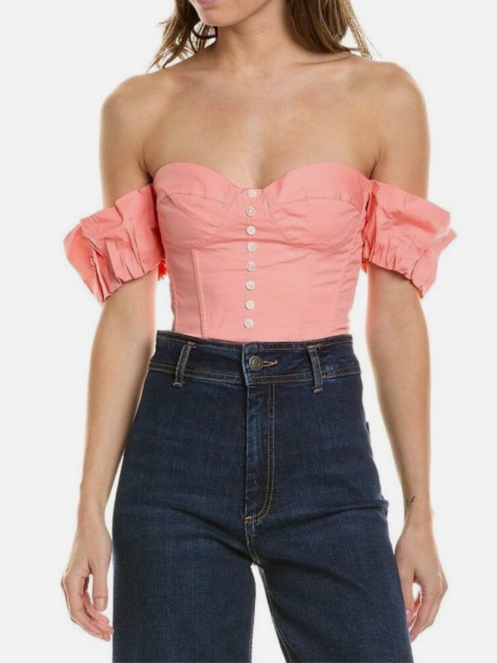 STAUD Bouvier Off-The-Shoulder Corset Bustier Crop Top with Puff Sleeves XS